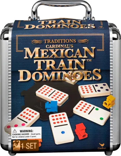 Spin Master Games, juego de dominó de tren mexicano en estuche de transporte de aluminio, incluye trenes coloridos para una noche de juego familiar