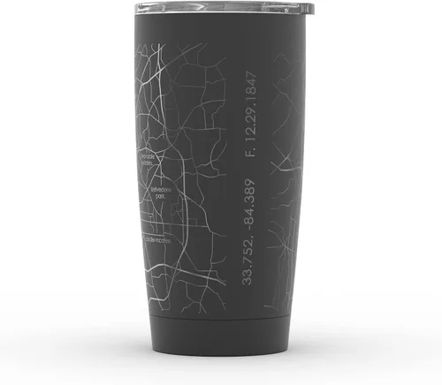 Miniatura 2 de Well Told Vaso de café aislado con diseño grabado de mapa de Atlanta Georgia, taza de acero inoxidable grabada (20 onzas, negro) con diseño de mapa