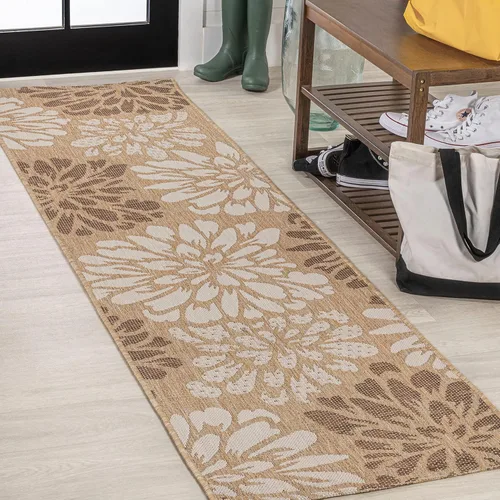 JONATHAN Y Alfombra Corredor de Tejido Texturizado Floral para Interiores y Exteriores 2X8 Marrón/Crema, Zinnia Moderna para Patio Trasero, Patio,