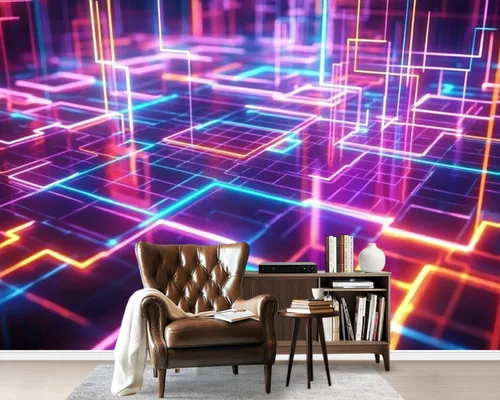 Miniatura 8 de Murales de pared de lienzo geométricos autoadhesivos de los años 80 de neón retro Synthwave 3D, líneas brillantes, papel tapiz de pared