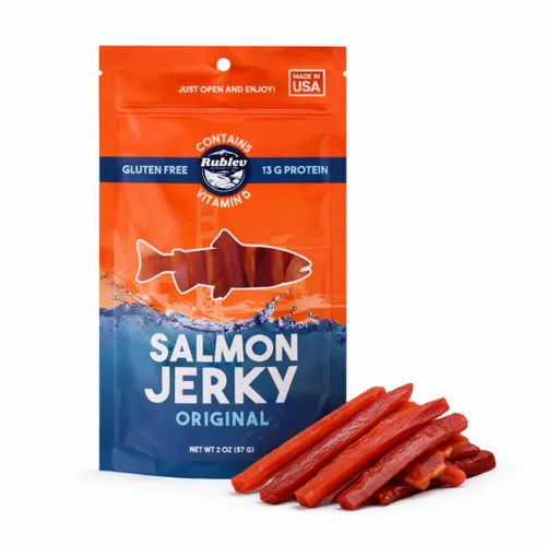 Rublev Salmon Jerky Sabor Original – Tiras de pescado seco capturado en la naturaleza, aperitivo alto en proteínas con Omega 3, carne seca de