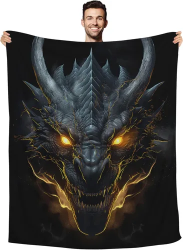 Huke Manta Decorativa de Felpa de Dragón, Dragón negro/dorado genial, 50"x40", Ideas para hombres/mujeres/adolescentes/niños%%niños/niñas, regalos