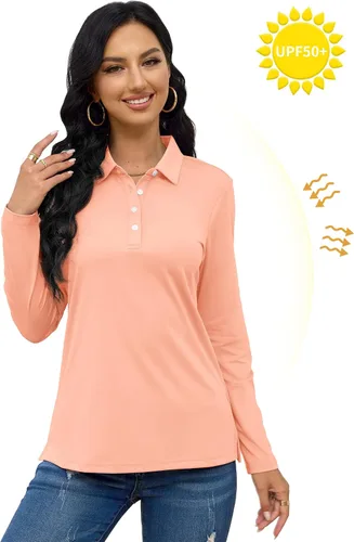 Miniatura 6 de TACVASEN Polo de golf para mujer, camiseta de manga larga, UPF 50+, secado rápido, 4 botones, rendimiento de tenis, ejercicio