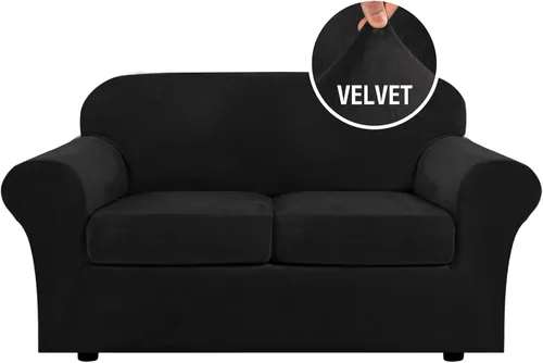 H.VERSAILTEX - Funda elástica para sofá de 3 piezas, de suave terciopelo afelpado, para sofá biplaza con 2 cojines de hasta 72 pulgadas de ancho, se