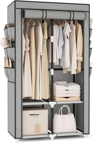 Miniatura 16 de VTRIN Armario Portátil Guardarropa Armario para Colgar Ropa con 4 Estantes de Almacenamiento, 2 Varillas para Colgar y 6 Bolsillos, Perchero Estable