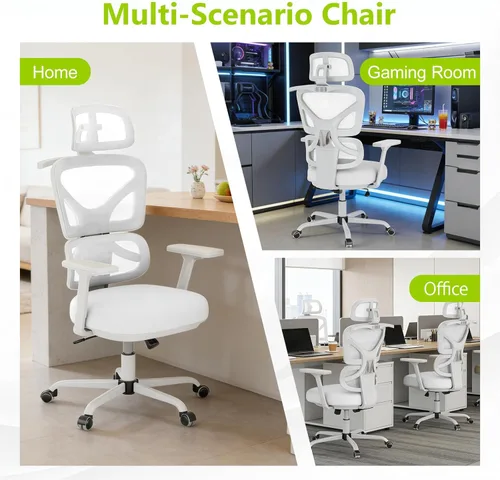 Miniatura 7 de Silla de oficina ergonómica de malla con soporte lumbar y reposacabezas, silla de computadora con respaldo alto con reposabrazos y bloqueo de Blanco
