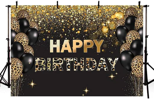 Miniatura 6 de Telón de fondo de feliz cumpleaños de 7 x 5 pies, lentejuelas doradas, globos de leopardo negro con purpurina, fondo para fotos, decoración