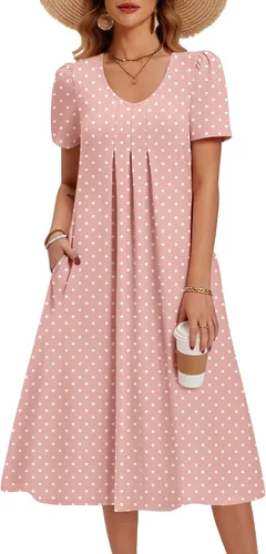 Miniatura 26 de Zeagoo Vestido de verano para mujer, casual, floral, midi, con bolsillos, cuello en V, plisado, manga corta, estilo alineado, para vacaciones