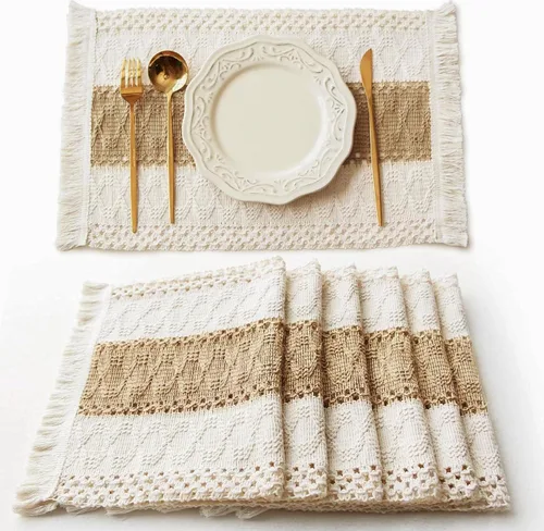 FEXIA Juego de 6 manteles individuales bohemios, decoración de mesa de macramé, manteles individuales estilo granja en arpillera de algodón natural,