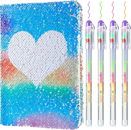 Miniatura 10 de Outus Diario de San Valentín con lentejuelas para niñas, 4 unidades, con bolígrafos de tinta de gel de color, cuaderno con purpurina, diario