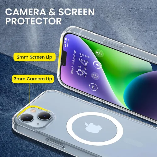 Miniatura 7 de VEGO Funda para iPhone 13 y iPhone 14, con imanes integrados, parte trasera de policarbonato duro transparente + funda delgada de TPU suave