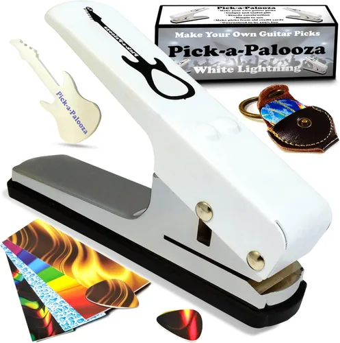 Miniatura 10 de Pack de regalo Pick-a-Palooza DIY para punzón de púa de guitarra - Fabricante de púas premium con llavero de cuero, 4 tiras y una lima - Negro