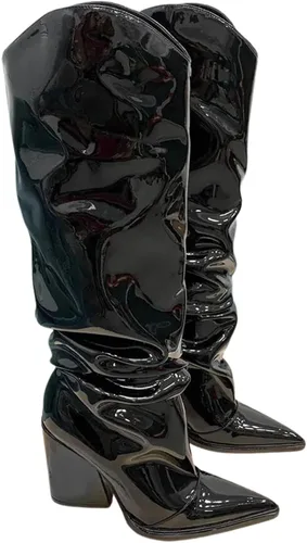 Miniatura 12 de Vertundy Botas altas hasta la rodilla metálicas con punta puntiaguda para mujer, botas altas de tacón alto de charol plisadas, botas largas plisadas