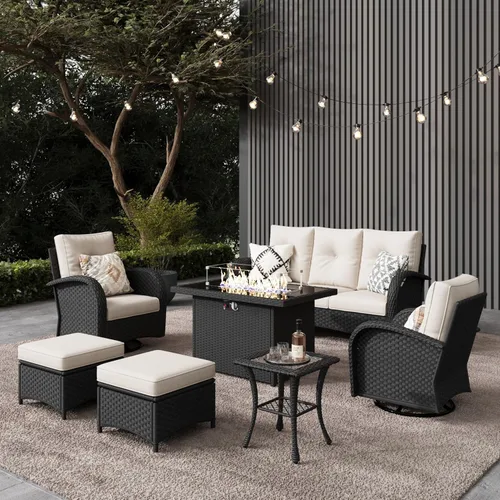 Miniatura 31 de LayinSun - Juego de 10 piezas de muebles seccionales de patio para el aire libre con mesa para fogata, juegos de sillas giratorias reclinables