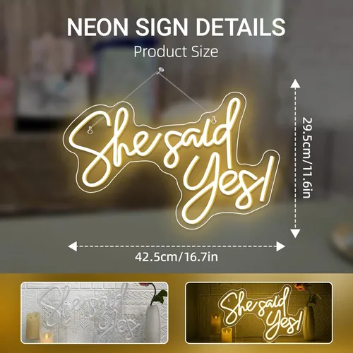 Miniatura 4 de Letrero de Neón She Said Yes LED Blanco Cálido Luces de Neón con Palabras para Decoración de Pared Decoraciones de Propuesta USB Letreros de Luz