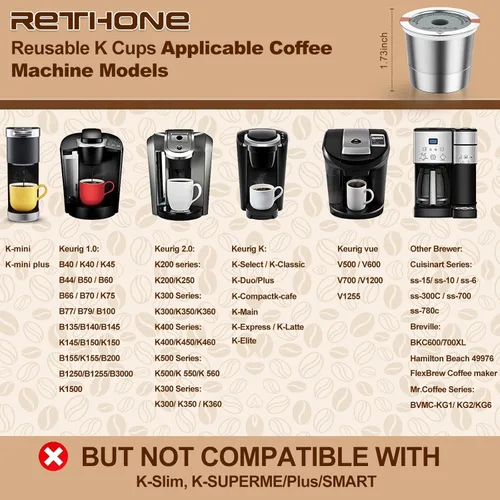 Miniatura 5 de RETHONE Tazas K reutilizables para Keurig: Cápsulas de café K recargables para máquina de café Keurig 1.0 y 2.0, Filtros de café de acero