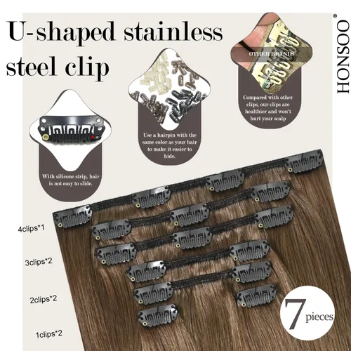 Miniatura 3 de Honsoo Extensiones de cabello humano con pinzas, color castaño ceniza, extensiones de cabello humano real, 2.47 onzas, 7 unidades, 12 pulgadas