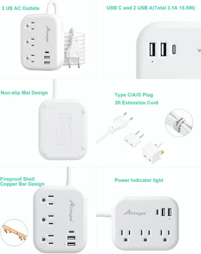 Miniatura 8 de Alitayee - Adaptador de enchufe de viaje europeo, regleta de alimentación de viaje UE/Reino Unido y EE. UU. con 3 tomacorrientes, 3 puertos USB