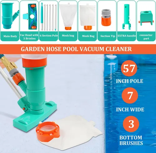 Miniatura 2 de Limpiador subacuático de alta calidad para piscina, 3 cepillos de fregar, 2 bolsas de malla fina, 6 secciones telescópicas de 56.5 pulgadas y mango