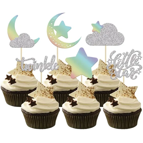 Miniatura 10 de Gyufise 24 piezas de decoración de cupcakes con purpurina de luna, nube, decoración de tartas de estrellas parpadeantes, baby shower, niños, Oro