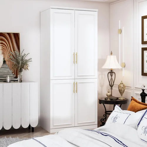 Miniatura 8 de ECACAD Armario delgado blanco con 2 puertas, estantes de 3 niveles y barra para colgar, armario de almacenamiento de madera para dormitorio