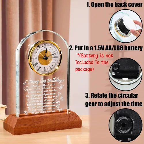 Miniatura 4 de Arikyrist Reloj de cristal de feliz cumpleaños 80 para hombres y mujeres, reloj de cuarzo con base de luz LED de madera, regalos de cumpleaños de 80