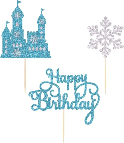 Decoración de pastel de cumpleaños de castillo congelado, 3 piezas de decoración de pastel temático de invierno del país de las maravillas,