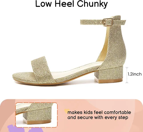 Miniatura 51 de Athlefit Sandalias para niñas, puntera abierta, correa en el tobillo, tacones bajos, zapatos de vestir para niñas pequeñas y grandes