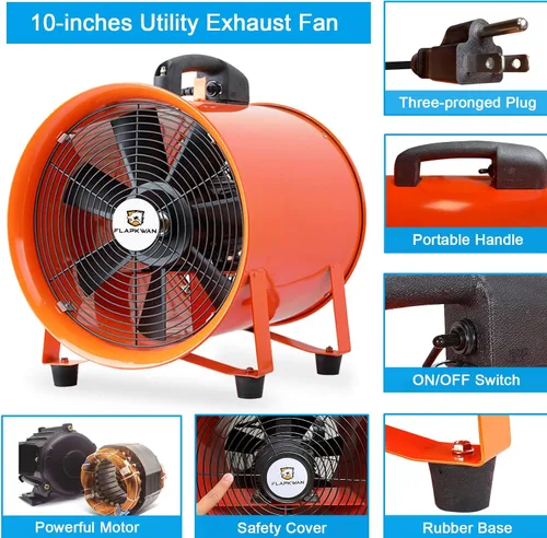 Miniatura 5 de Ventilador de escape de ventilación industrial portátil de 10 pulgadas 3010CFM 350W con manguera de conducto de 33 pies para aspirar polvo, humo