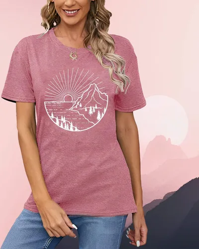 Miniatura 3 de Camiseta de senderismo para mujer, camiseta de montaña con estampado gráfico de naturaleza y amanecer, camiseta de verano de manga corta