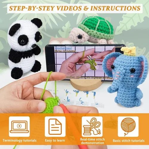Miniatura 2 de Kit de 6 piezas de ganchillo para principiantes, kit de punto con videos paso a paso, hilo, gancho de ganchillo, kit de tejido para principiantes