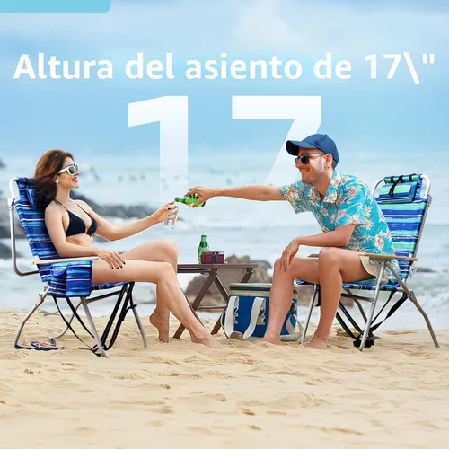 Miniatura 3 de Sillas de playa altas para adultos, Silla de playa tipo mochila de 17" de alto con apoyabrazos de madera, Silla reclinable de 5 posiciones de alta