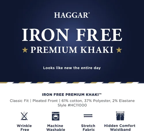 Miniatura 5 de Haggar Pantalón casual para hombre sin hierro de primera calidad, color caqui, ajuste clásico, plisado frontal, cintura expansible, tallas regulares