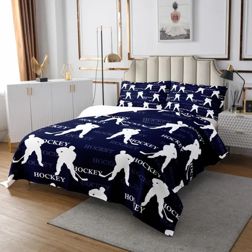 Miniatura 3 de Juego de edredón de hockey sobre hielo para niños y adolescentes, colcha de jugador de hockey, funda de cama con temática deportiva, juego de ropa