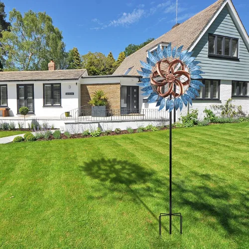 Miniatura 6 de MUMTOP Molinillos de viento para exteriores, de metal, 6.5 pies, grandes esculturas de viento bidireccionales para decoración de patio y jardín Azul