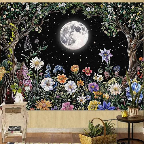 Miniatura 15 de Kanuyee Tapiz Floral de Luna Tapiz de Flores para Dormitorio Tapices Bohemios para Colgar en la Pared Estético para Dormitorio y Sala de Estar Luna