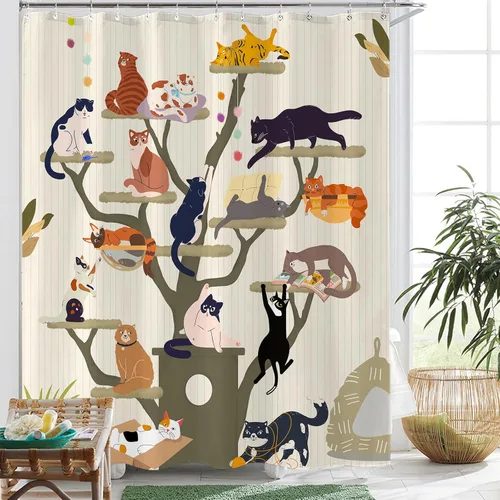 Miniatura 4 de Cortina de Ducha Divertida de Gato Lindo Divertido Árbol de Gato de Dibujos Animados Cortinas de Ducha para Baño Boho Anime Gatitos Niños Granja