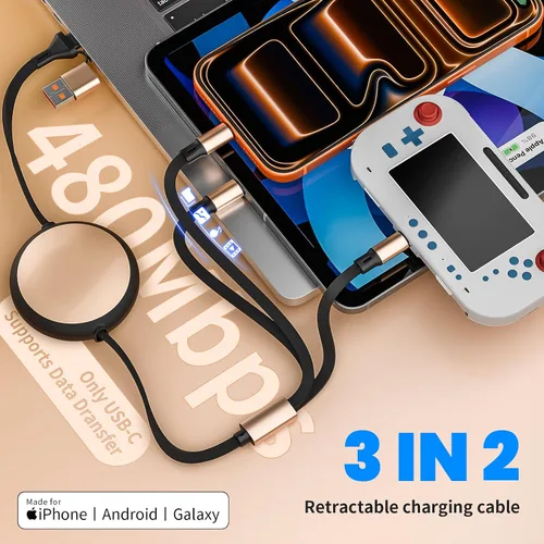 Miniatura 4 de Cable de carga múltiple 3 en 2, 1 paquete de cargadores retráctiles de 4 pies para todos los dispositivos, adaptador de cable de carga múltiple USBC