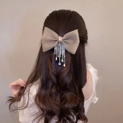 Pasador de pelo de lujo con lazo de malla de diamante con borla de cristal, clip de resorte, horquilla en la parte posterior de la cabeza, horquilla