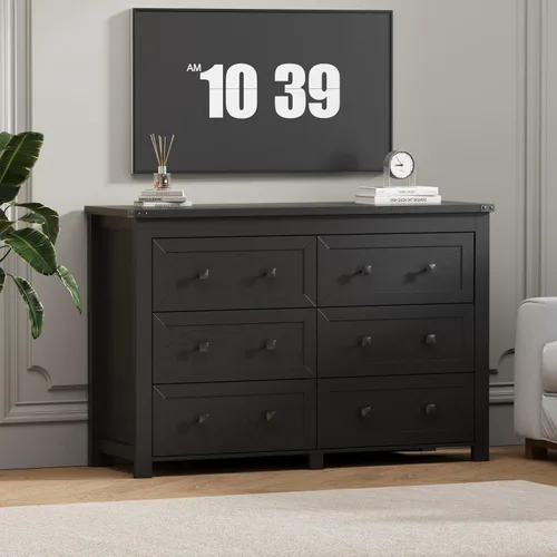 Wodeer - Cómoda moderna, 6 cajones, negro, asas de metal, almacenamiento de clóset, organizador