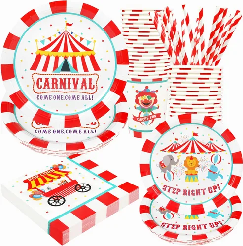 Suministros de fiesta para Carnaval Decoraciones, juego de platos y servilletas de papel con temática de circo para cumpleaños con tazas y pajitas