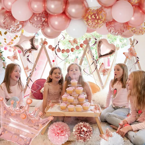 Miniatura 5 de Kit de decoración de fiesta de cumpleaños de oro rosa para mujeres y niñas, confeti de oro rosa, globos de feliz cumpleaños rosa, cortinas
