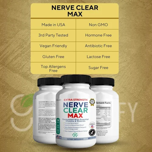 Miniatura 4 de Nerve Clear Max Extra Strength, vitaminas y minerales esenciales, apoyo para la salud nerviosa, 60 cápsulas, suministro para 30 días (1)