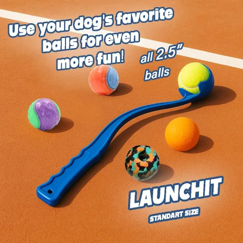 Miniatura 5 de Lanzador de pelotas para perros, lanzador de pelotas de tenis, diseño compacto de 13.8 pulgadas con pelota mediana de 2.5 pulgadas (azul)