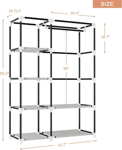 Miniatura 3 de VTRIN Armario Ropero, 41.7 Pulgadas de Ancho Armarios Portátiles para Colgar Ropa con 1 Barra para Colgar, 6 Estantes, 6 Bolsillos, Perchero