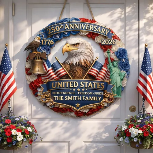 Miniatura 8 de NAZENTI Letrero personalizado para puerta del 4 de julio con nombre familiar, coronas de puerta personalizadas para 250 aniversario de Estados