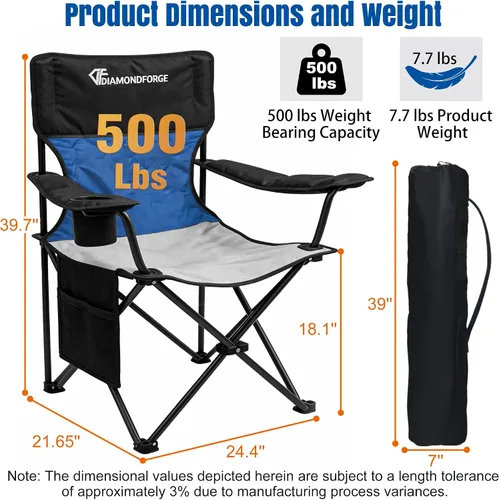 Miniatura 2 de Silla de camping de gran tamaño, sillas de césped con respaldo alto de 500 libras (negro azul) Portable Outdoor Heavy Duty Folding Camping Chairs