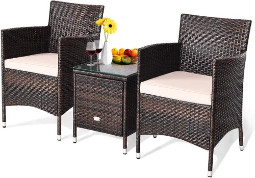 HAPPYGRILL Juego de muebles de mimbre de mimbre para patio de 3 piezas, juego de conversación de ratán al aire libre con mesa auxiliar, sillas y