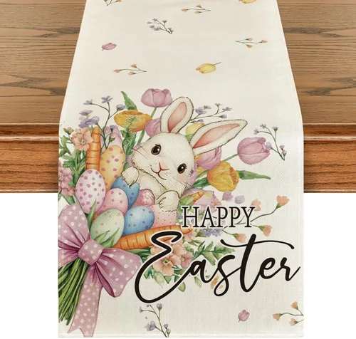 Artoid Mode Camino de mesa de Pascua con diseño de huevos de conejo, flores de primavera de temporada, zanahorias, cocina, comedor, decoración de