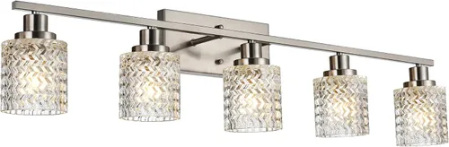 Miniatura 14 de MELUCEE Aplique de pared de 2 luces con pantalla de vidrio martillado, luces de baño de níquel cepillado sobre el espejo, accesorios de iluminación